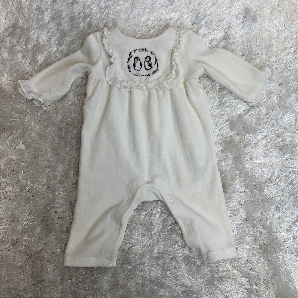 Janie and Jack Cream Penguin Romper Ruffle Trim Sz 0-3 mo